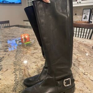 Vince Camuto Black Leather Heeled Boots (canvas back for wider calves)